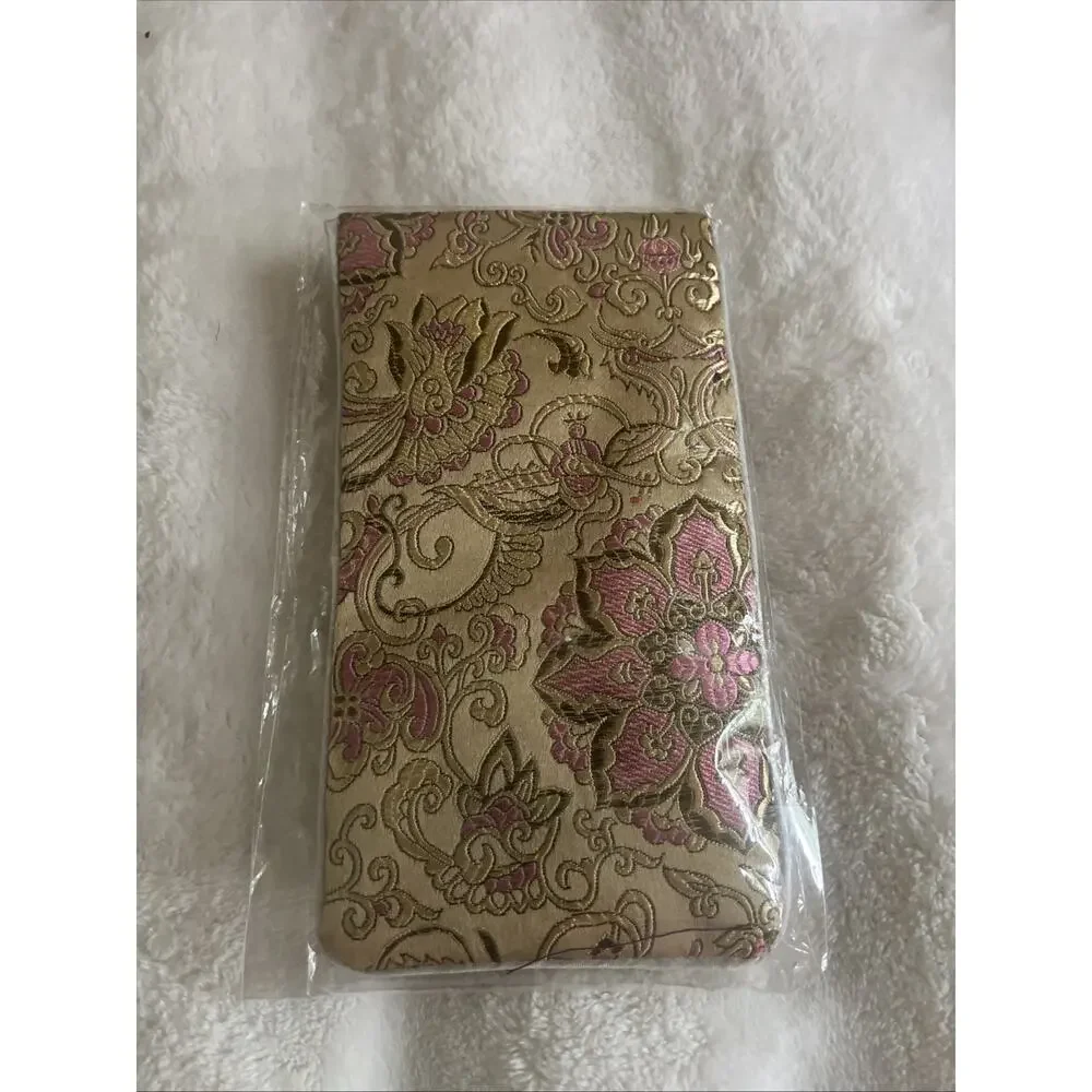 Vintage Chinese Silk Brocade Jewelry Pouch Bell Tassel NOS Sealed 7x4.5” Floral